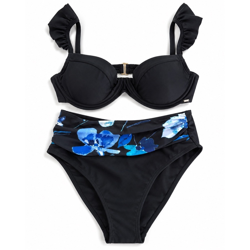 XOXO NWT Black High Waisted Underwire Bikini Set Blue Floral Size L